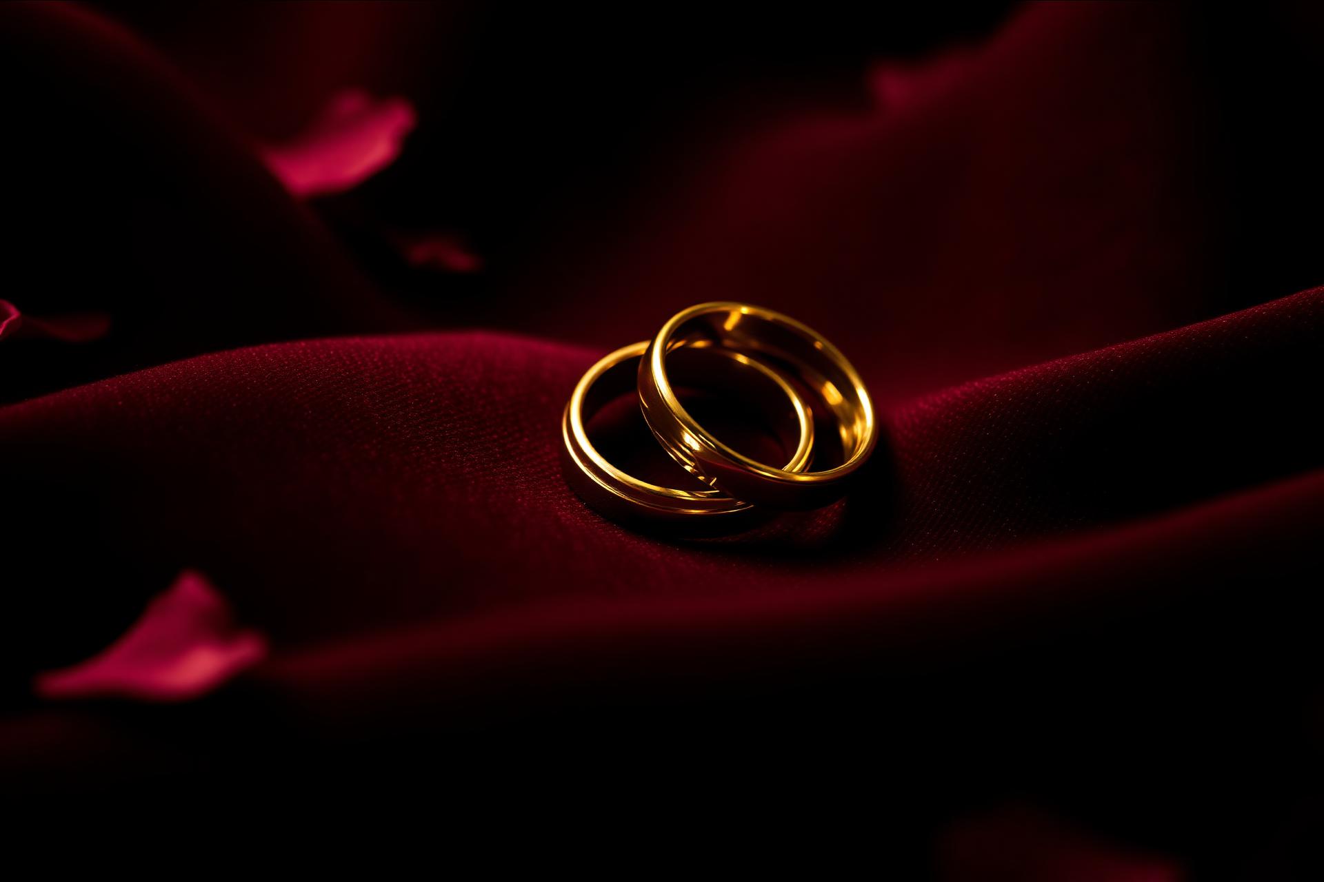 Duas alianças de casamento entrelaçadas em fundo cinematográfico