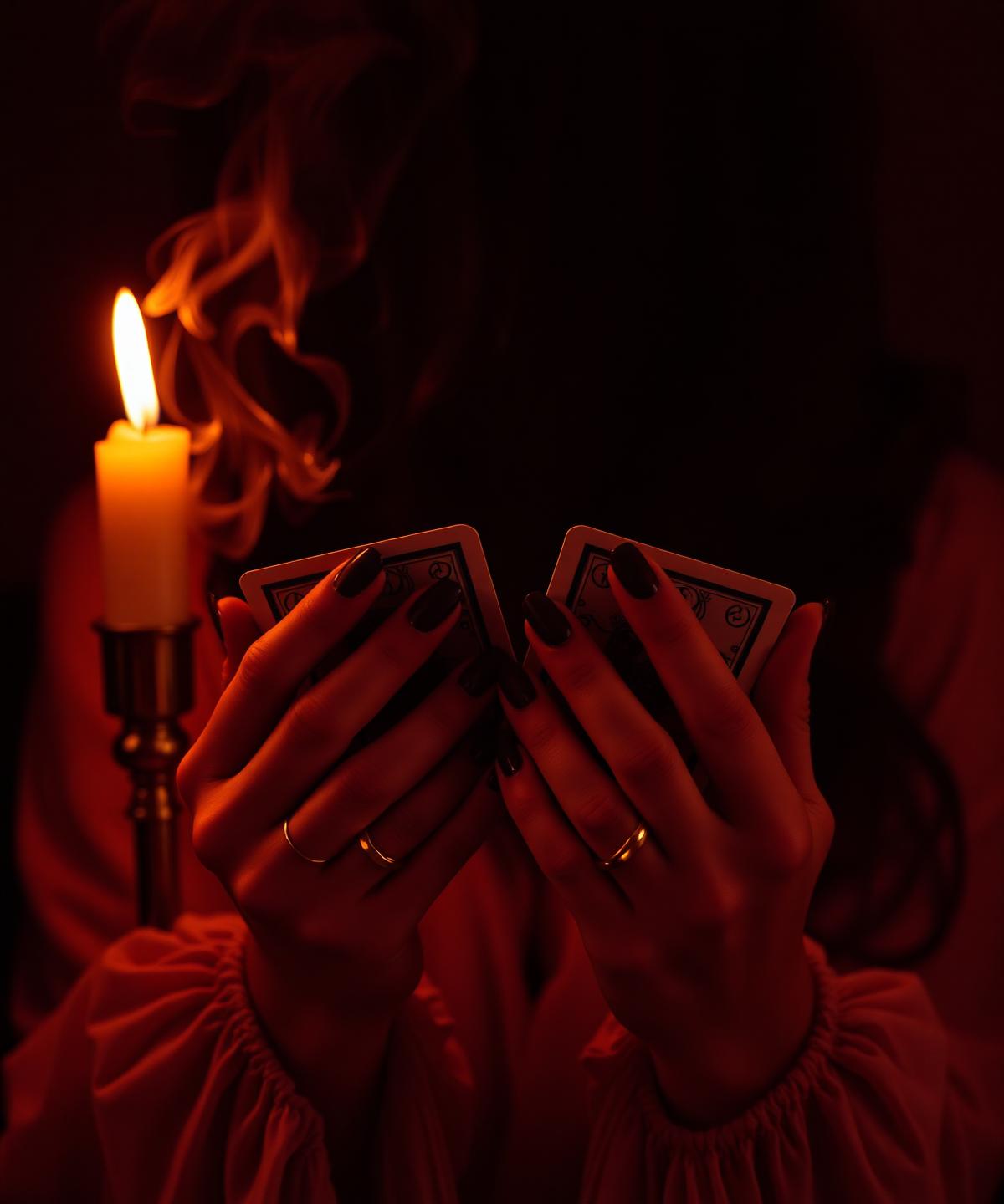 Mãos com cartas de tarô à luz de velas